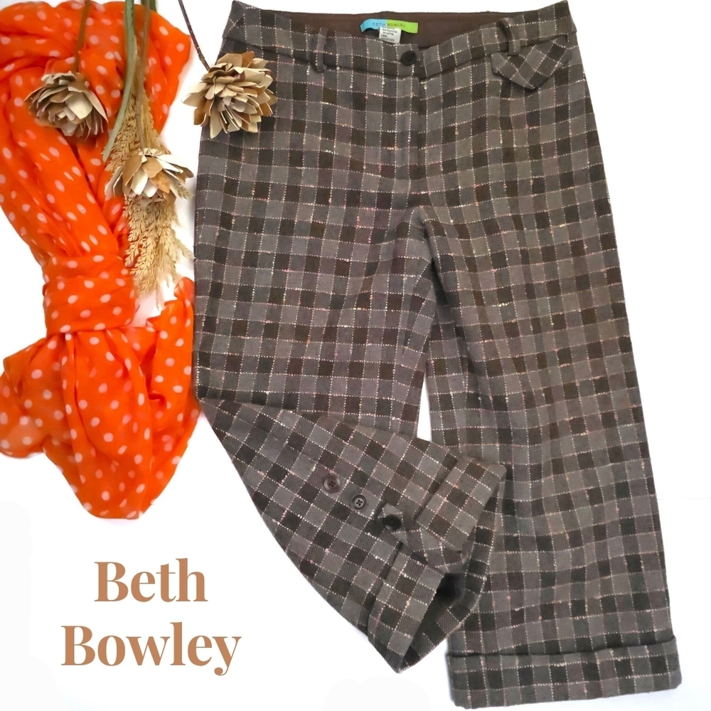 Beth Bowley Brown Plaid Wool Pants Sz 8